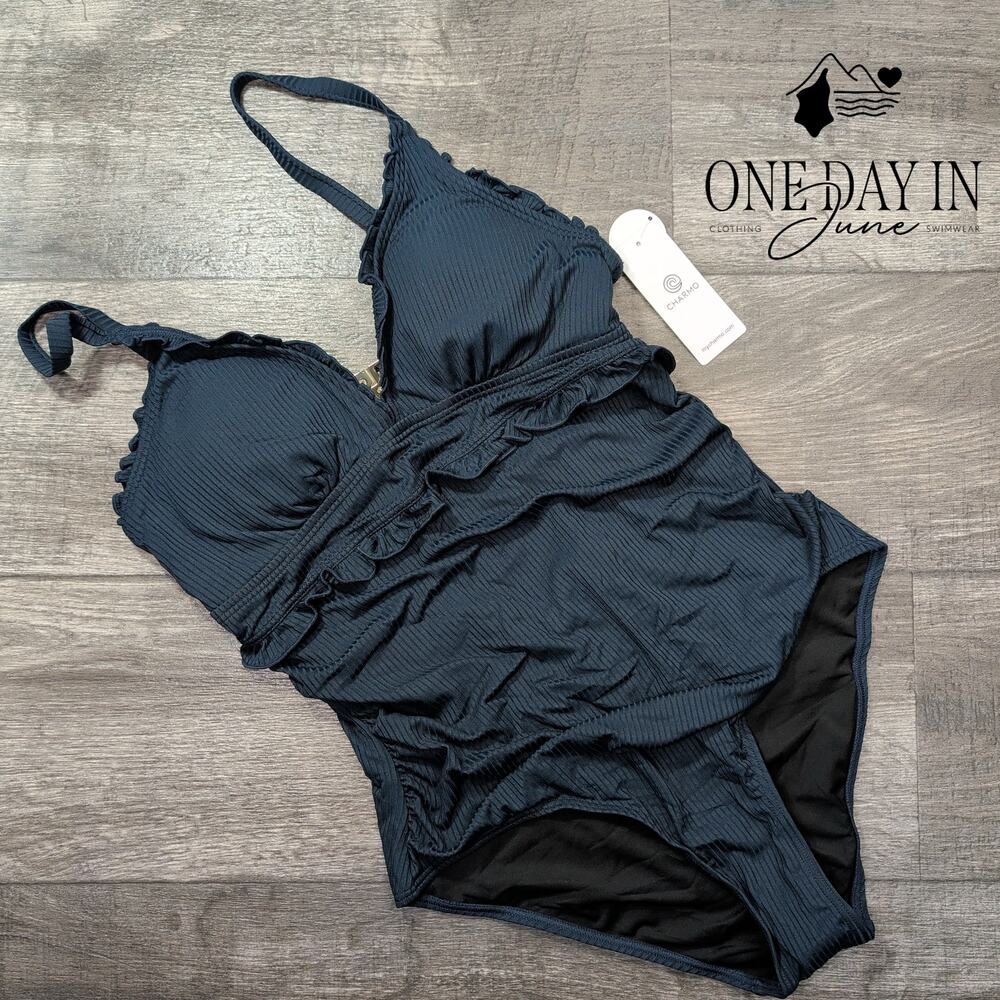 Charmo Ribbed Ruffle One Piece Swimsuit Size L - Picture 3 of 7